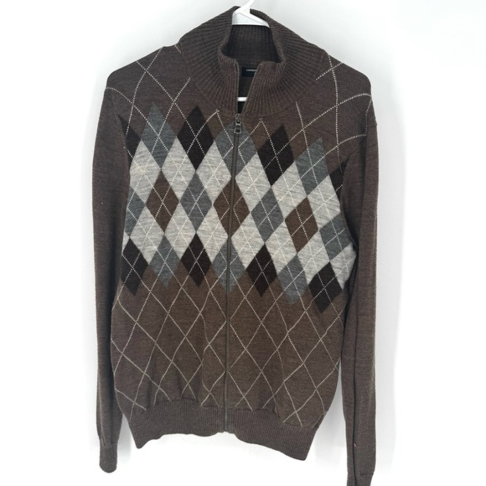 Express electric grandpa 100% merino wool Brown Argyle Zip-Up Sweater cardigan